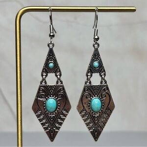 Silver Tone and Turquoise Stone Geometric Earrings